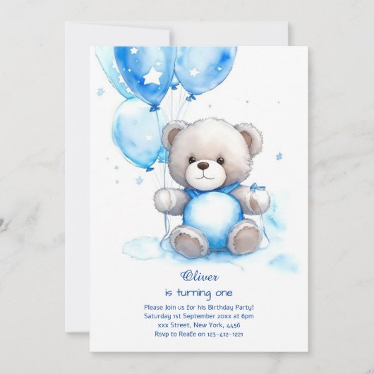 Teddy Bear Boy Invitation pour le premier annivers (Devant)