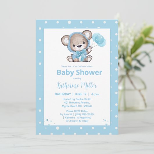 Teddy Bear Boys Blue Baby shower Kaart (Staand voorkant)