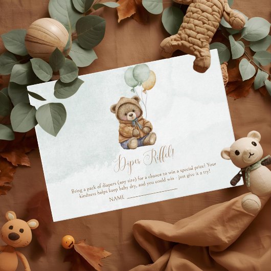 Teddy Bear Brown Sage Green Balloons Baby Informatiekaartje