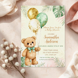 Teddy Bear Brown Sage Green Balloons Baby Shower Folie Uitnodiging