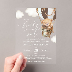 Teddy Bear, Bruine Hete Luchtballon, Baby shower Acryl Uitnodigingen