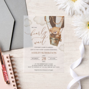 Teddy Bear, Bruine Hete Luchtballon, Baby shower Vellum Uitnodigingen