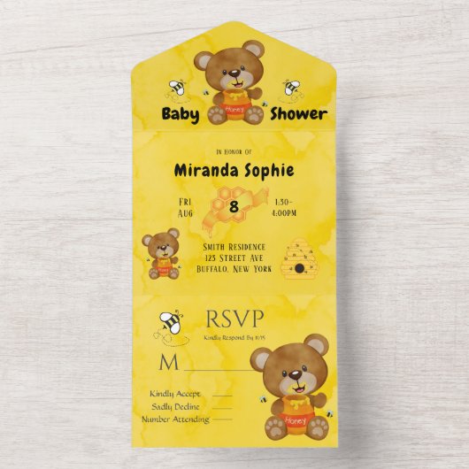 Teddy Bear Bumblebee Honey Baby shower All In One Uitnodiging (Binnen)