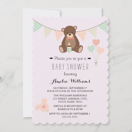 Teddy Bear Bunting Girl Baby shower Invitation (Devant)