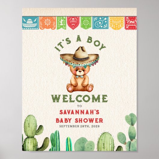 Teddy Bear Cactus Boy Baby shower Fiesta Poster (Voorkant)