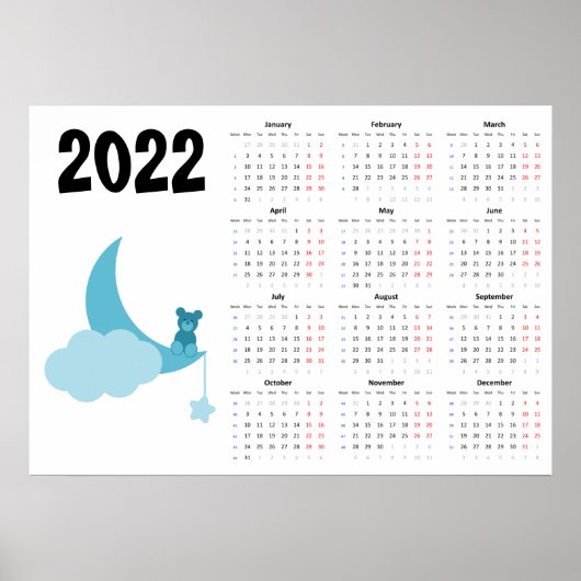 Teddy bear Calendrier 2022 Poster - Lundi début (Devant)