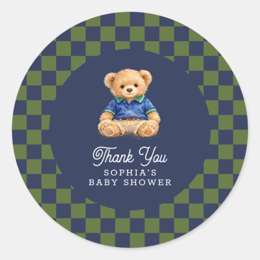 Teddy Bear Checkboard Retro Baby Shower Ronde Sticker (Voorkant)