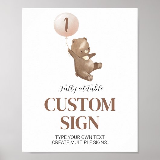 Teddy Bear Custom Table Sign Birthday Baby shower Poster (Voorkant)