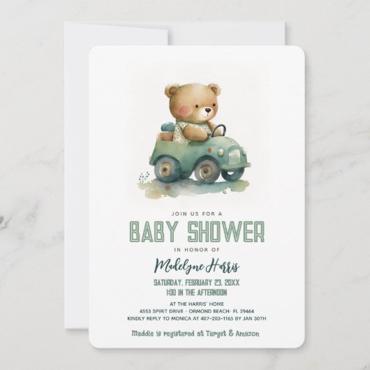 Teddy Bear Driving Speelgoed Auto Blue Baby shower Kaart (Voorkant)
