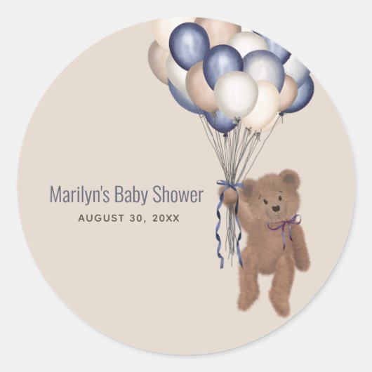 Teddy Bear en Balloons Barly Wait Blue Baby shower Ronde Sticker (Voorkant)