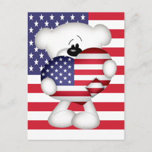 Teddy Bear en Big USA Flag Heart Briefkaart