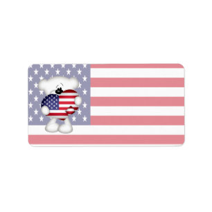 Teddy Bear en Big USA Flag Heart Etiket