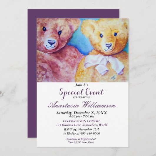 TEDDY BEAR ENFANTS INVITATION DE L'ÉVÉNEMENT DE FÊ (Devant / Derrière)