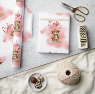 Teddy Bear Fireman Boy Baby shower Cadeaupapier