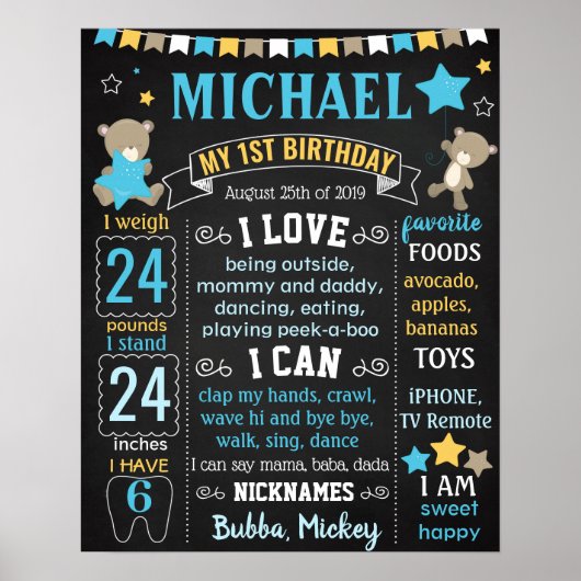 Teddy Bear First Birthday chalkboard Poster (Voorkant)