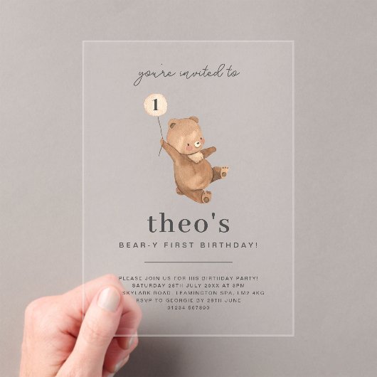 Teddy Bear First Birthday Invitation Acryl Uitnodigingen (Insitu (Draagbaar))
