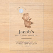 Teddy Bear First Birthday Invitation Bleu Balloon (Recto)