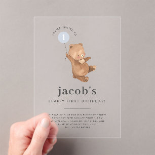 Teddy Bear First Birthday Invitation Blue-ballon Acryl Uitnodigingen