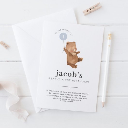 Teddy Bear First Birthday Invitation Blue Balloon