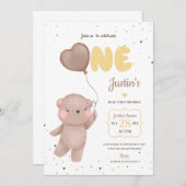 Teddy Bear First Birthday Invitation Kaart (Voorkant / Achterkant)