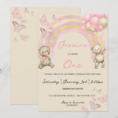 Teddy Bear First Birthday Party Invitation Kaart (Voorkant / Achterkant)