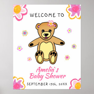 Teddy Bear Flower Floral Baby shower Affiche de bi