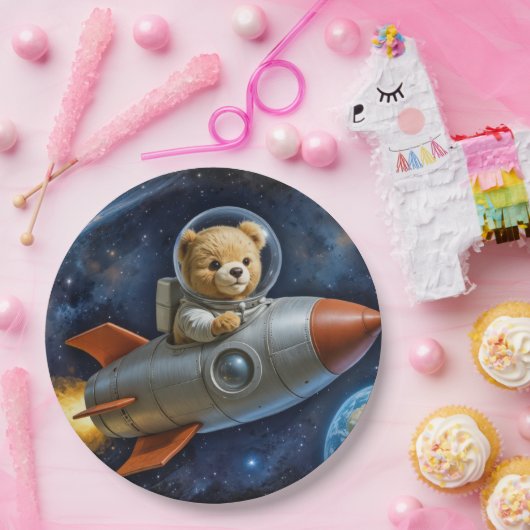 Teddy Bear Flying In a Rocket Ship Papieren Bordje (Feest)