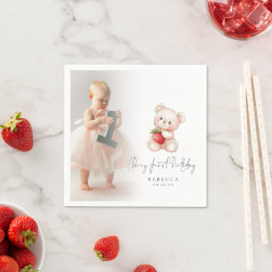 Teddy Bear Foto Overlay Berry Eerste Verjaardag Servet