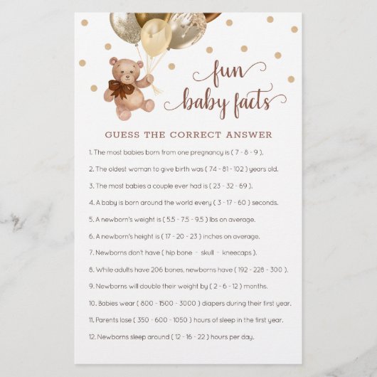 Teddy Bear Fun Baby Fact Baby shower Game (Voorkant)