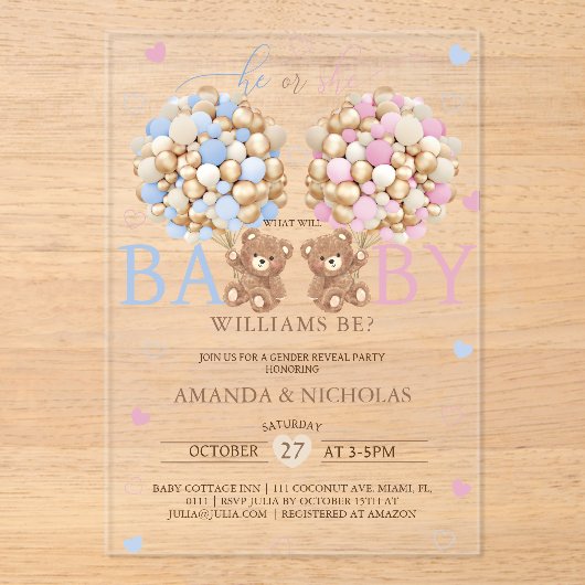 Teddy Bear Gender onthulling Acryl Uitnodigingen (Voorkant)