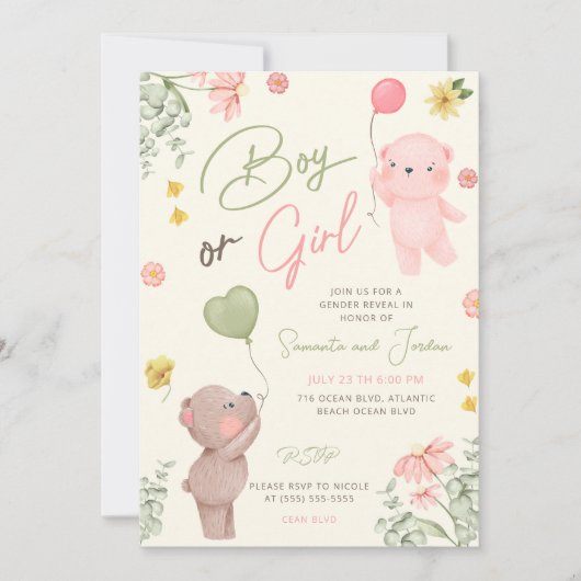 Teddy Bear Gender onthulling Uitnodiging (Voorkant)