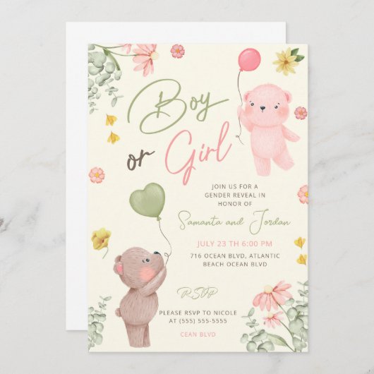 Teddy Bear Gender onthulling Uitnodiging (Voorkant / Achterkant)