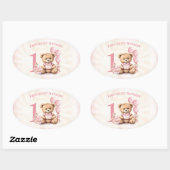 Teddy Bear Girl 1er Anniversaire Pink Oval Sticker (Feuille)