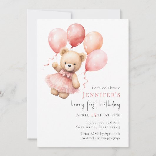 Teddy Bear Girl 1st Birthday Invitation (Devant)