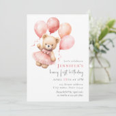 Teddy Bear Girl 1st Birthday Invitation (Debout devant)