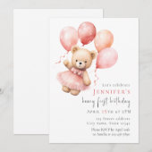 Teddy Bear Girl 1st Birthday Invitation (Devant / Derrière)