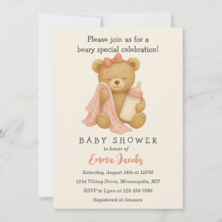 Teddy Bear Girl Baby shower Invitation Kaart