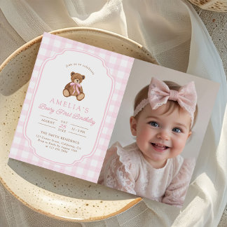 Teddy Bear Girl First Birthday Party Photo Kaart