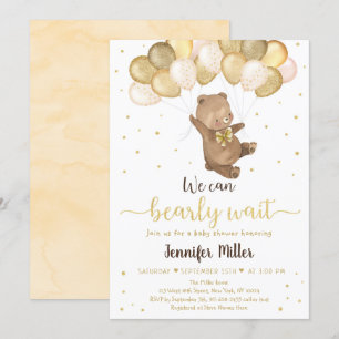 Teddy Bear Gold Balloons Neutraal Baby shower Invi Kaart