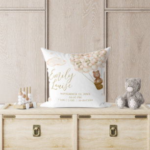 Teddy Bear Gouden Ballonnen Baby Geboortestatistie Kussen