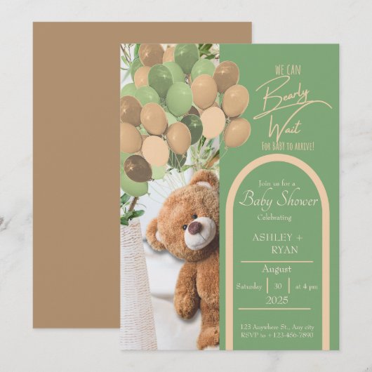 Teddy Bear Green et Brown Baby shower Invitation (Devant / Derrière)