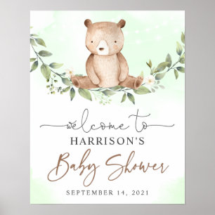 Teddy Bear Green Floral Baby shower Affiche de bie