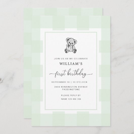 Teddy Bear Green Gingham 1e verjaardag Uitnodiging (Voorkant / Achterkant)