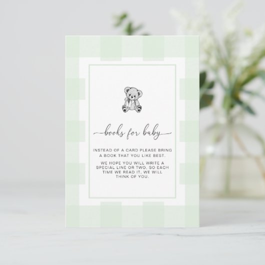 Teddy Bear Green Gingham Book Request Card Informatiekaartje (Staand voorkant)