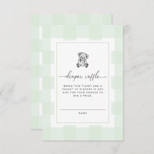 Teddy Bear Green Gingham Diaper Raffle Ticket Informatiekaartje (Voorkant / Achterkant)