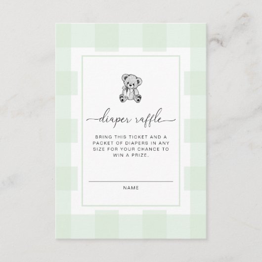 Teddy Bear Green Gingham Diaper Raffle Ticket Informatiekaartje (Voorkant)