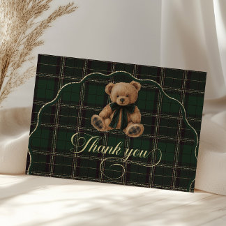 Teddy Bear Green Tartan Baby Shower  Bedankkaart
