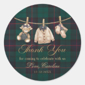 Teddy Bear Green Tartan Baby Shower Sticker (Devant)