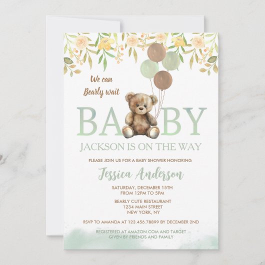 Teddy Bear Green Unisex invitation à la douche béb (Devant)