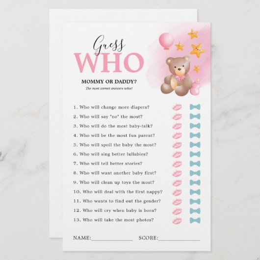 Teddy Bear Guessing Baby shower Game (Voorkant / Achterkant)